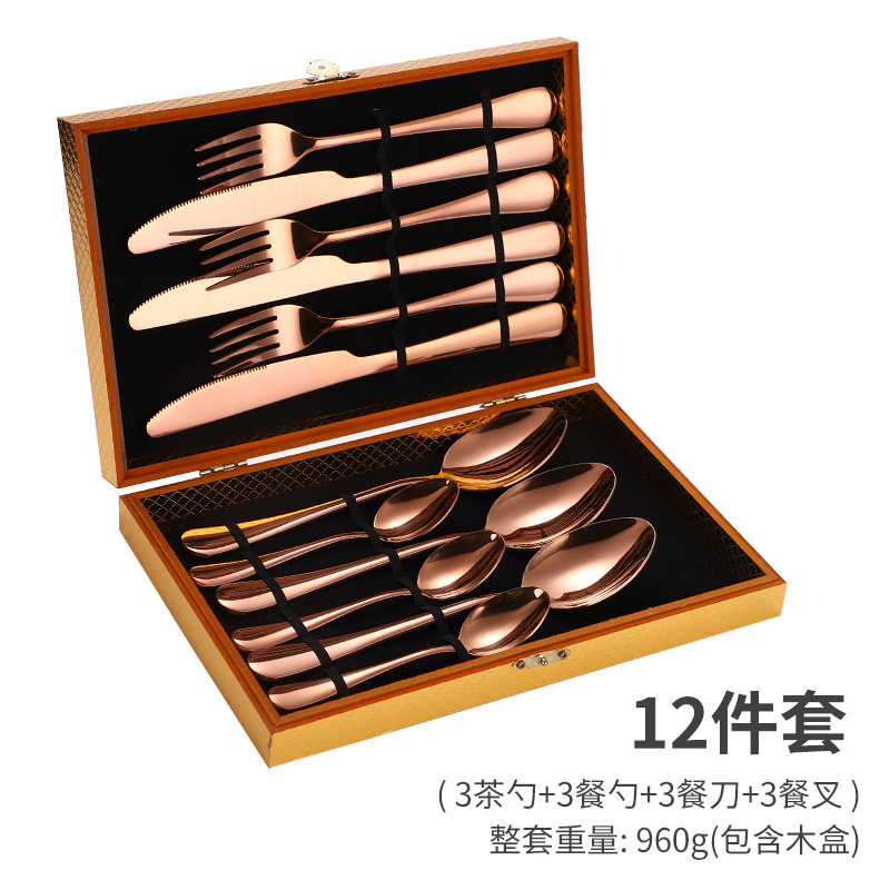 Stainless Steel Steak Knife and Fork Set 12 Pieces Western European Knife, Fork and Spoon Cutlery Set Gift Box Wooden Box Cutlery