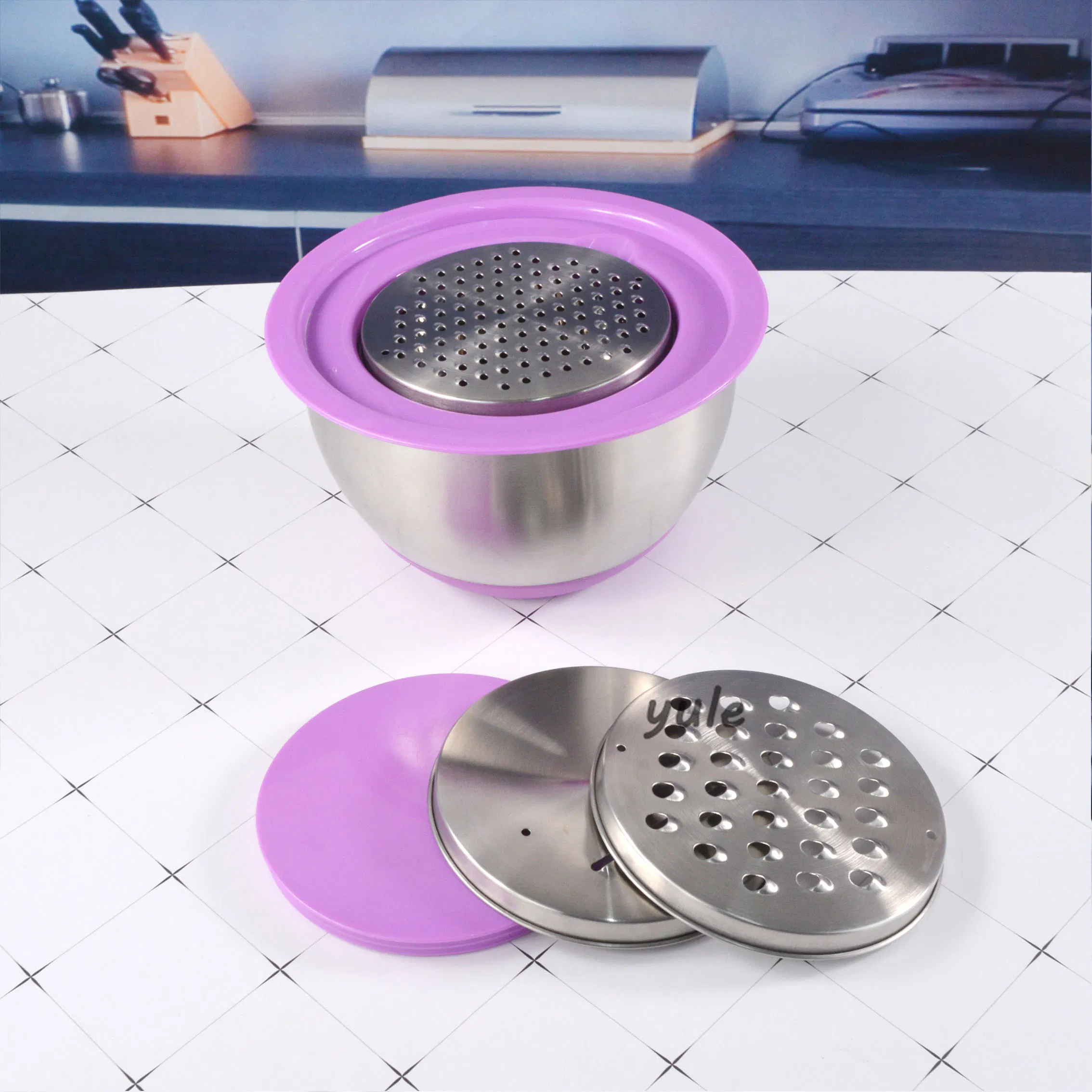 Fasola Food Grade Salad Bowl Egg Beating Pan Colorful Coating France Saladier En Acier Inoxydable Easy-Grip Rim Stainless Steel Salad Bowl with Grater Lid