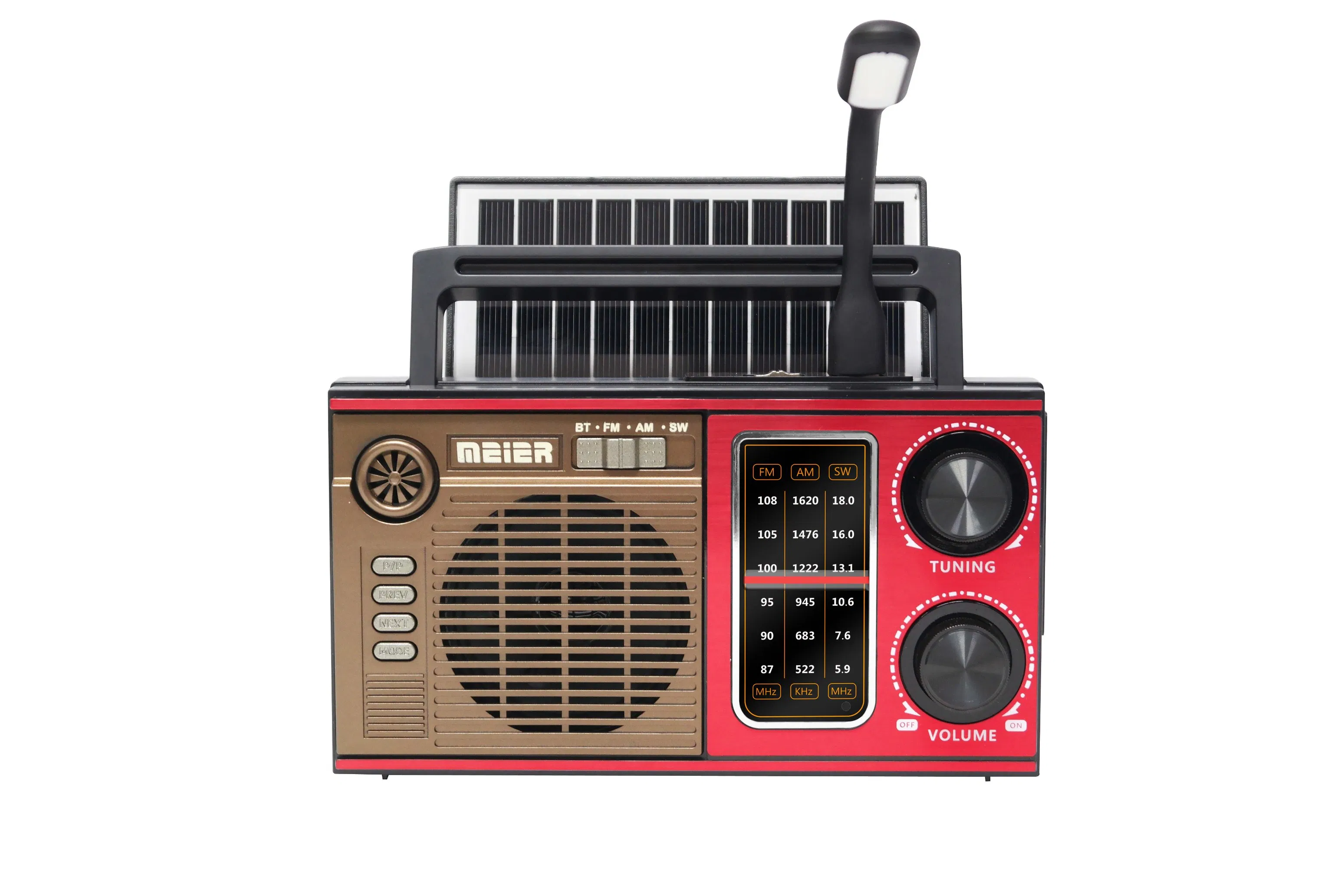 Portable 3-Band Am FM Sw Radio, LED Light, TF Card and MP3 Player, Solor Panel Bluetooth Speaker Reading Lights Meier M-538bts Mini FM/Am Radio