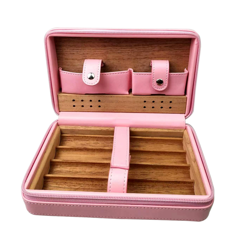 Pink Lady Leather Cedar Cigar Pack Box for Four Cigars and Accessories