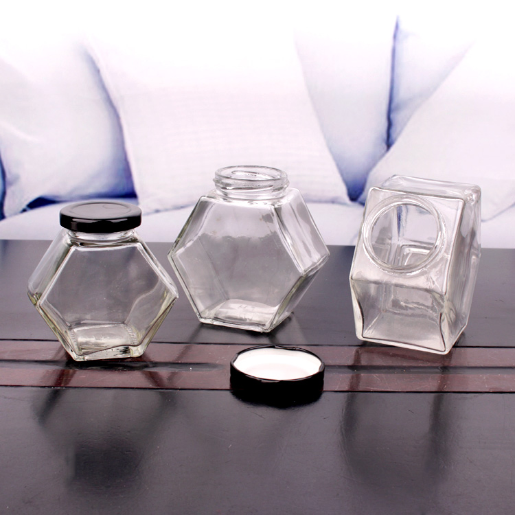 High Quality 100ml 150ml 280ml 400ml Flat Hexagonal Honey Jam Food Jar with Metal Twist off Lid