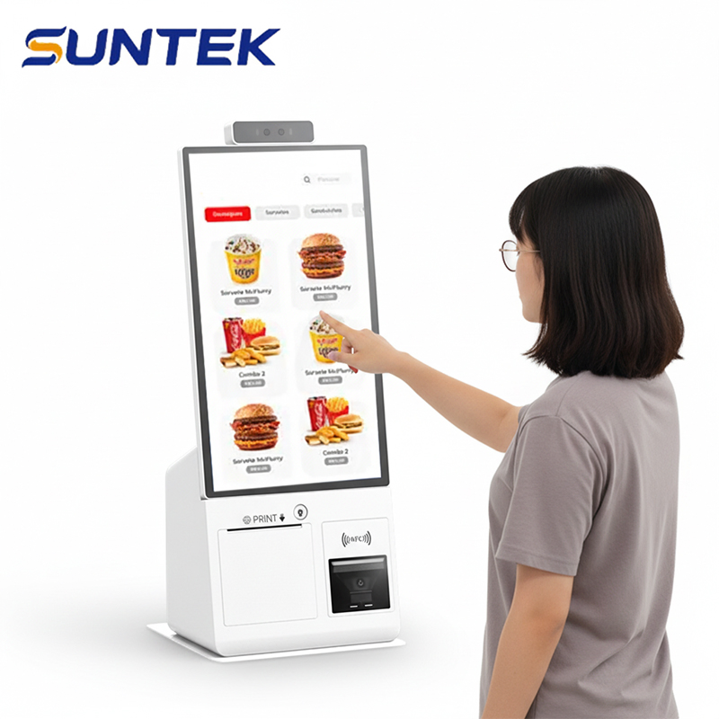 15.6 Inch Indoor Self Service Payment Automatic Touch Screen Barcode Reader Suntek Kiosk for Restaurant Cash Withdraw and Self Ordering