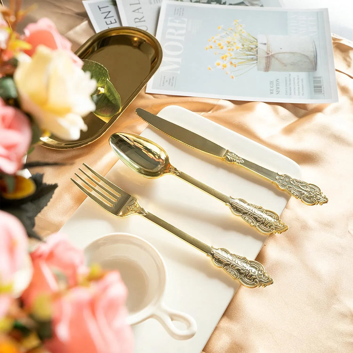 Gold Silverware Plastic Cutlery Forks Spoons Knives for Party&Wedding