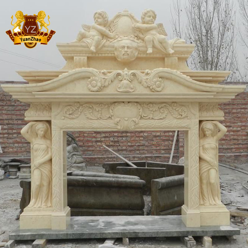 Modern Home Decoration Freestanding Natural Beige Marble Lion Carving Fireplace Mantel