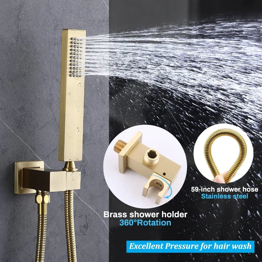 16 Inch Ceiling Rain Shower Head with Jets Shower Faucet Fixture Complete Set Brushed Gold