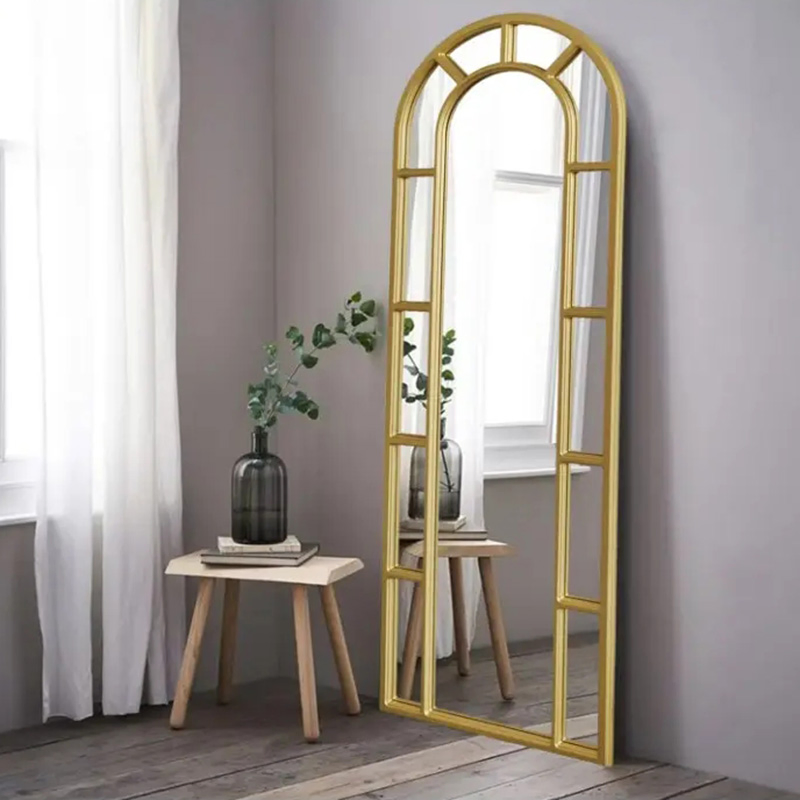 Farmhouse Arched Window Finished Gold Wood Wall Living Room Bedroom Entrance Bathroom Vanity Leaning Mirror Full Length Mirror