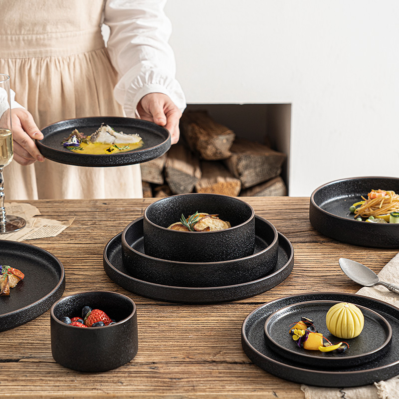 Nordic Dinner Tableware Black Ceramic Round Soup Rice Salad Bowl