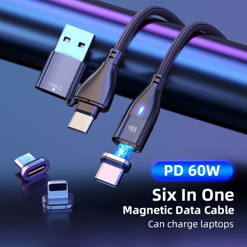 2023 New Pd 60W 3A Fast Charging Cable 6 in 1 Magnetic Charging Cable Fast Charging Nylon Micro USB Cable