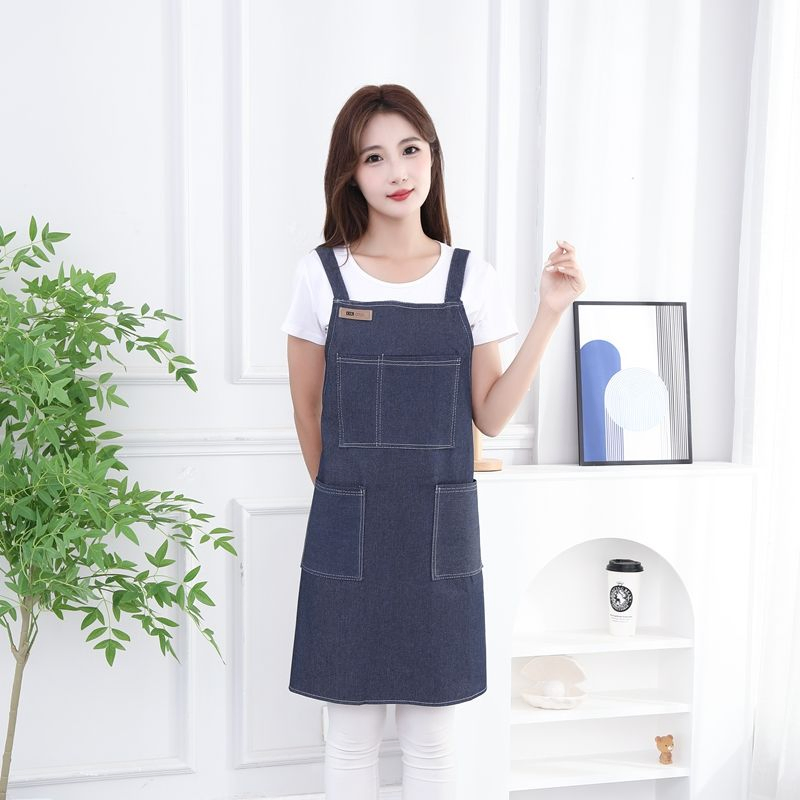 Custom Print Adult Denim Double Shoulder Household Kitchen Cook Chef Bib Apron with Pockets