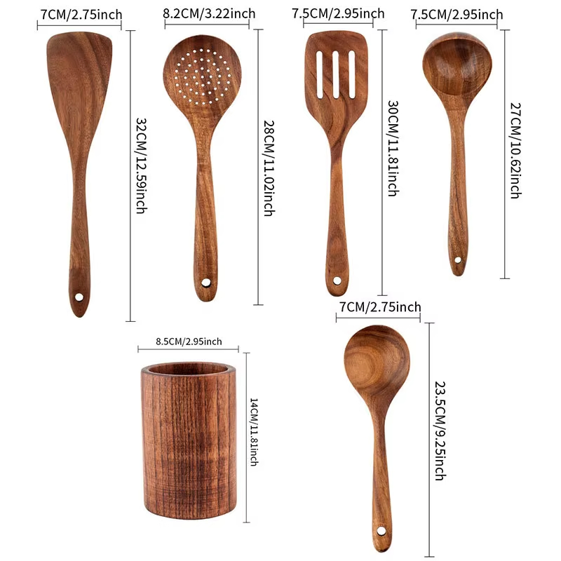 Eco-Friendly Teak Wood 9-Piece Wood Kitchen Cooking Utensil Set with Holder Nonstick Durable Kitchen Tools