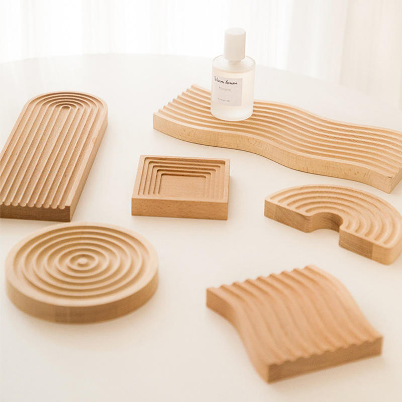 Beech Wooden Coffee Tray with Decorative Water Ripple Design