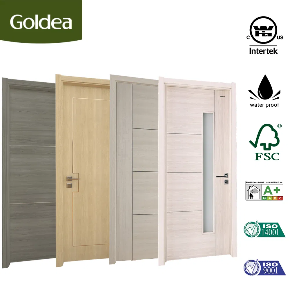 Goldea Wholesale 39 Years Factory Price Modern Style Room Home Furniture MDF PVC Timber Interior Wooden Door with Metal Strips Inlay Design