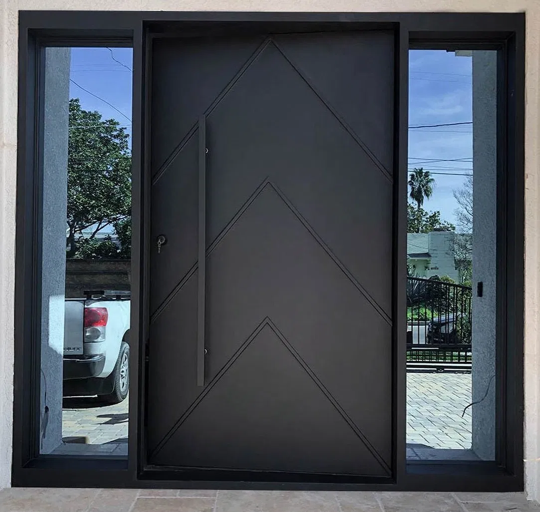 Popular Modern Style Entry Main Entrance Iron Tube Thermal Break Exterior Metal Steel Security Glass Pivot Door