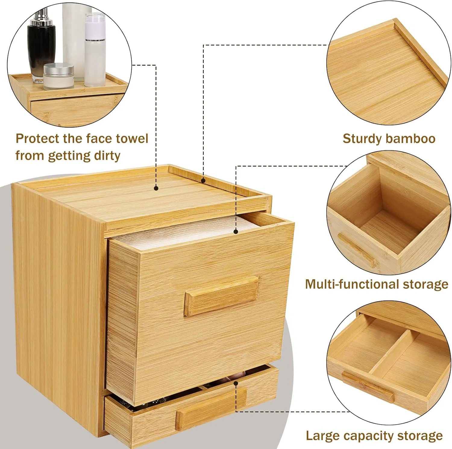 Bamboo Modern Minimalist Drawer Style Desktop Wash Towel Hair Accessory Storage Box