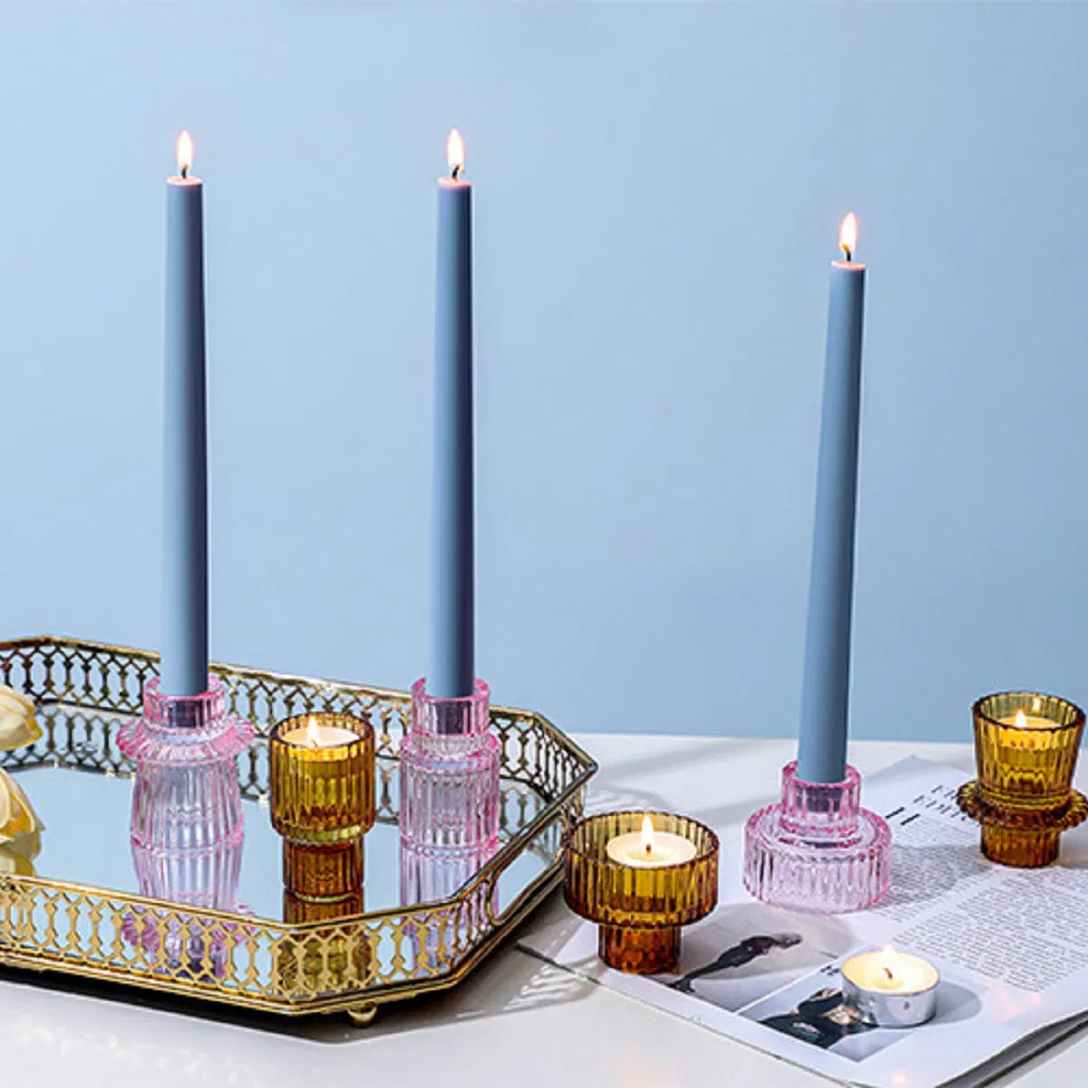 2023 Creative Home Decor Candle Holder Pink Glass