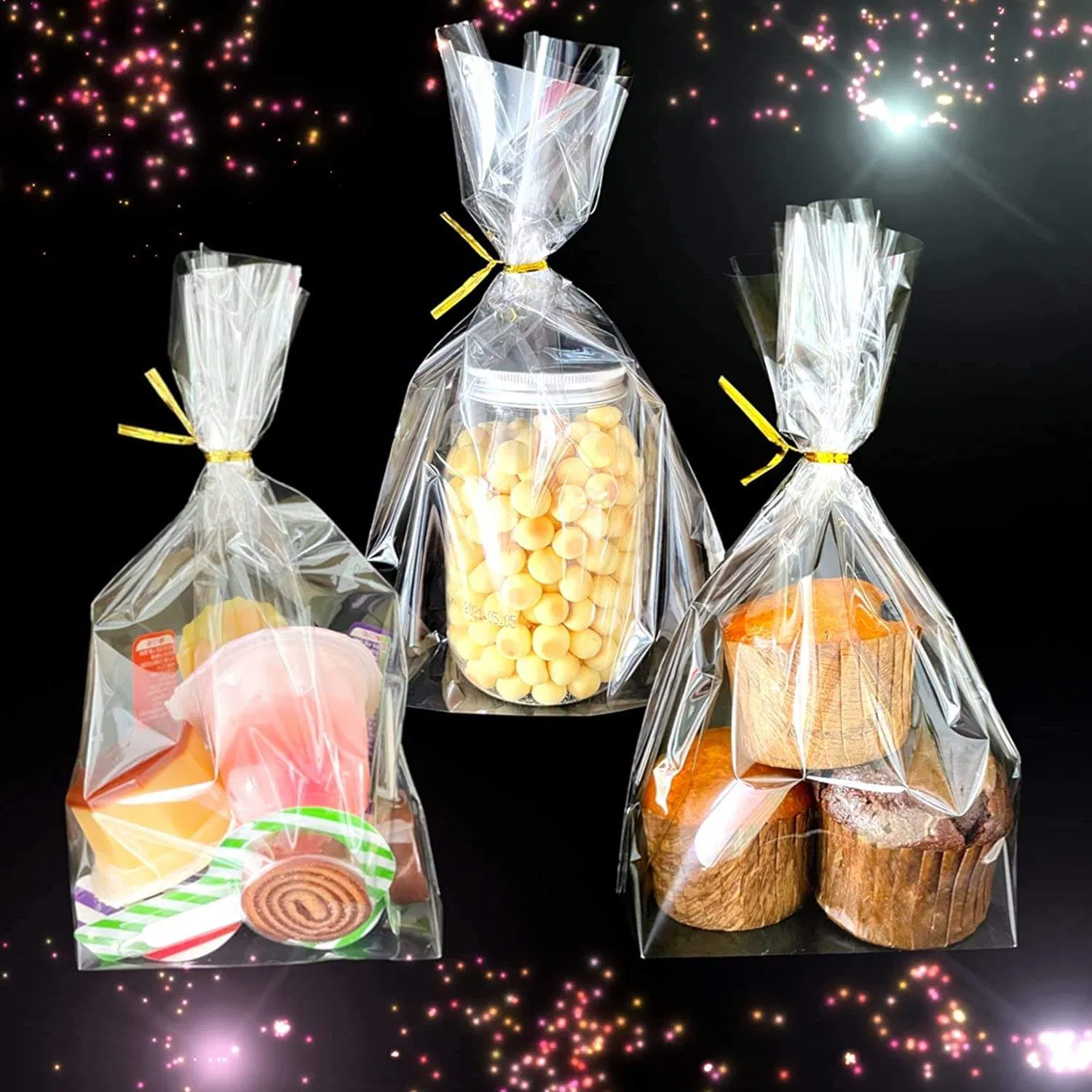 Customized Size BOPP Clear Plastic Cellophane Flat Bags for Bread Candy Cookie with Colored Twist Ties for Birthday Party Gift