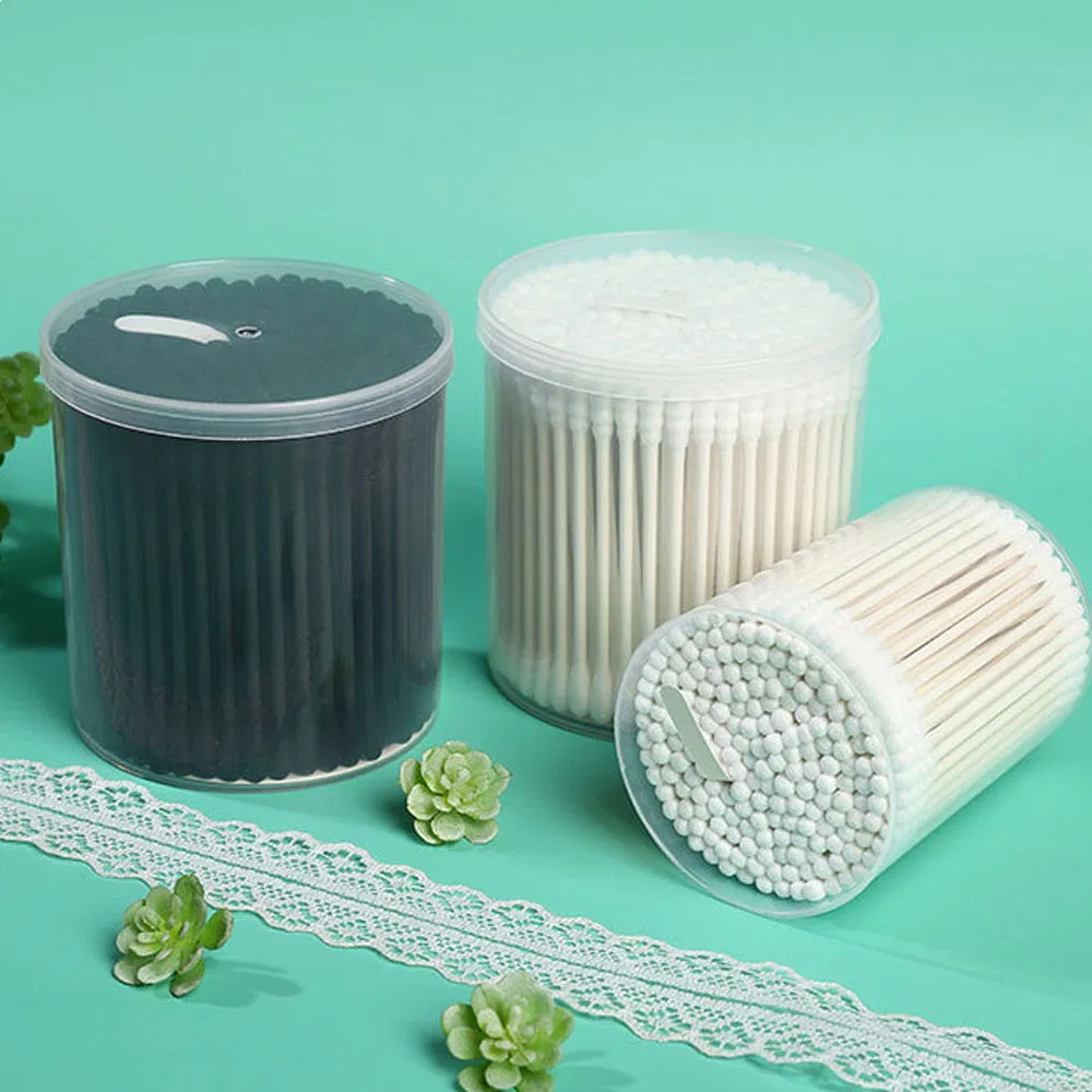 Portable Cotton Swabs with Cardboard Sticks in a Cylindrical Container.