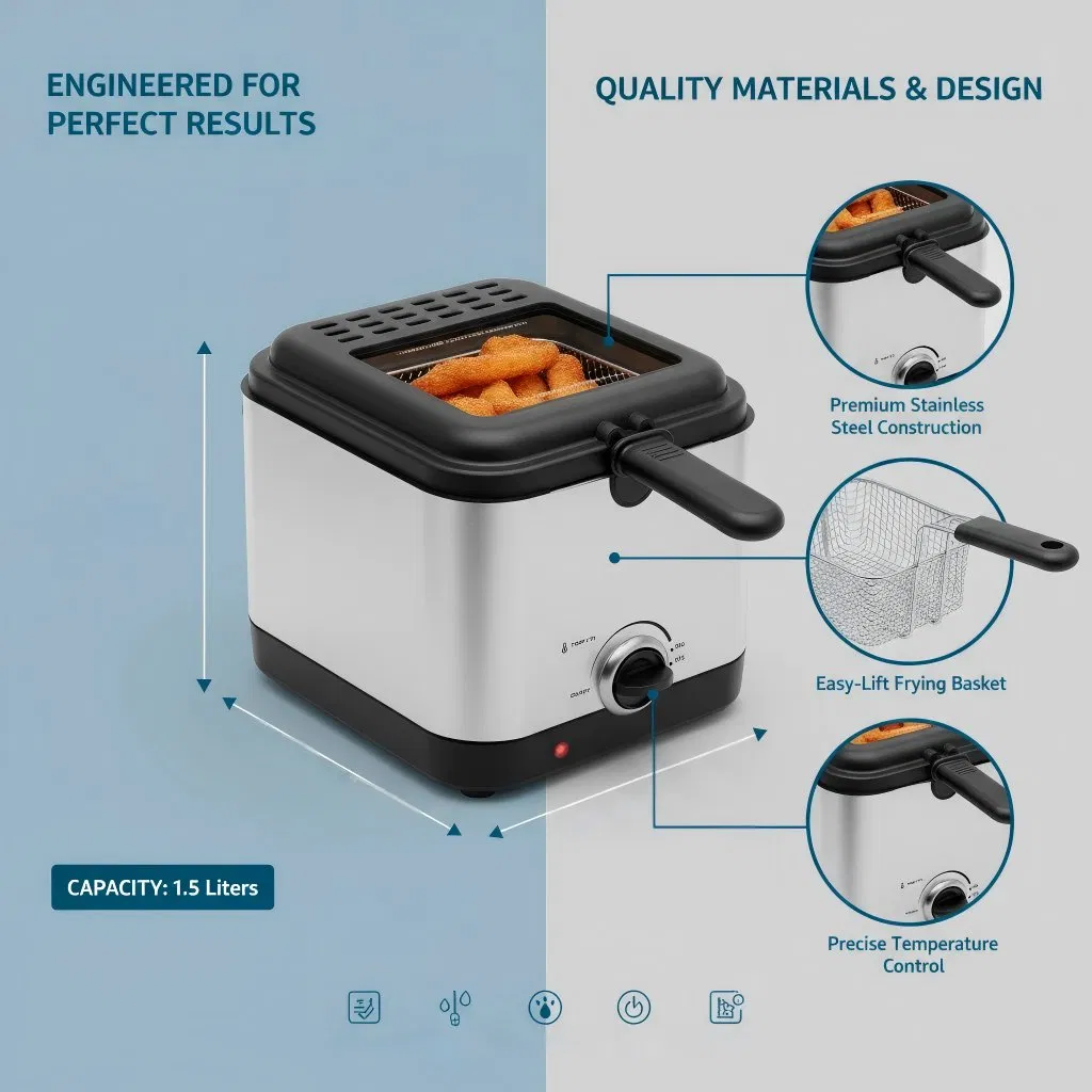 1.5L Compact Deep Fryer with Viewing Window for Fast Crispy Food Cooking