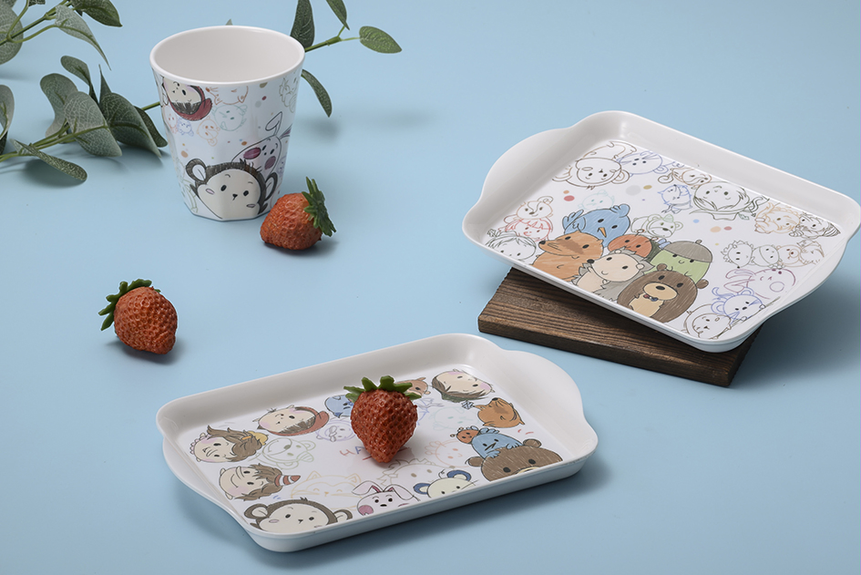 100% Melamine Tray Customizable Cartoon Pattern Kids Dinner Snack Serving Plastic Hot Selling Children Tray