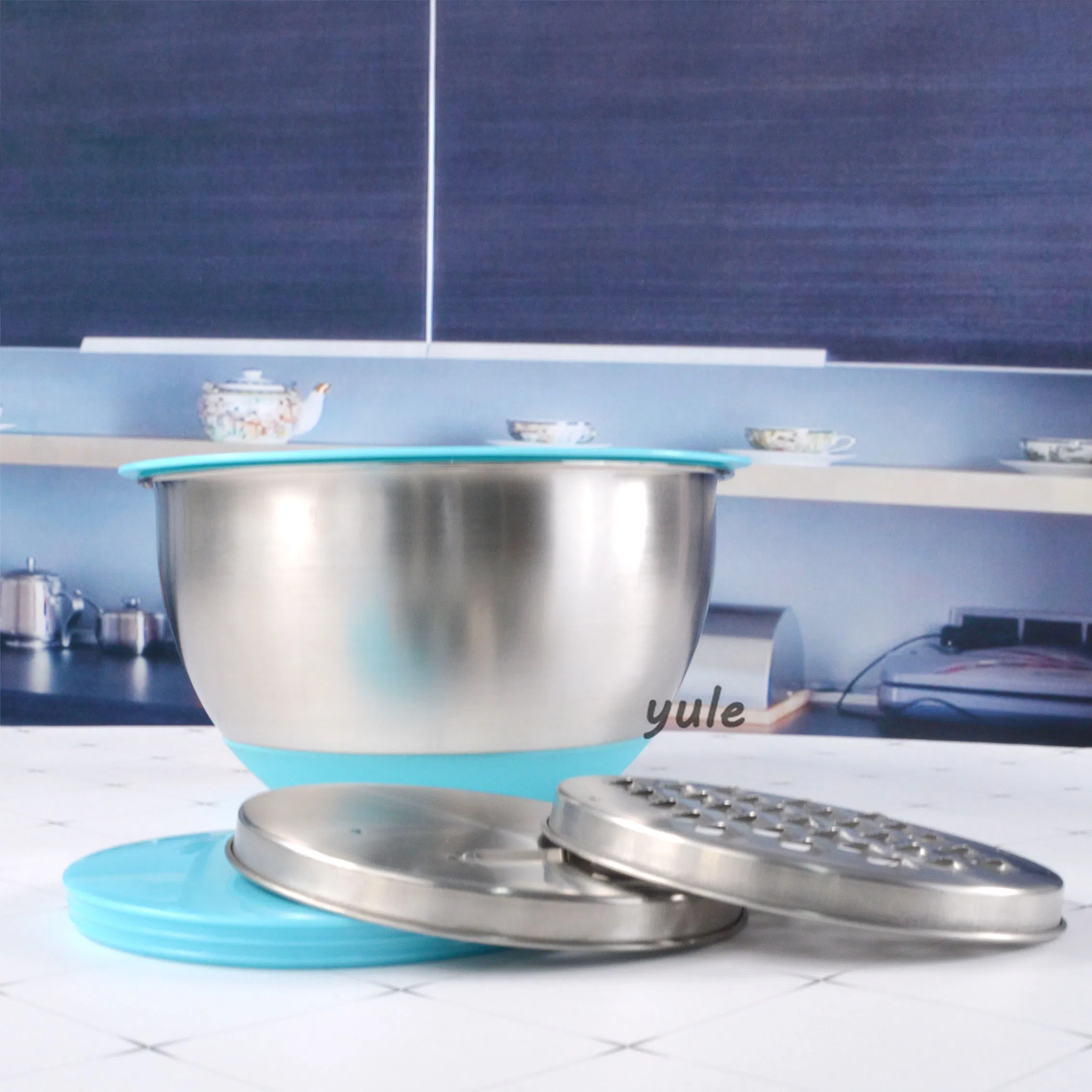 Fasola Food Grade Salad Bowl Egg Beating Pan Colorful Coating France Saladier En Acier Inoxydable Easy-Grip Rim Stainless Steel Salad Bowl with Grater Lid