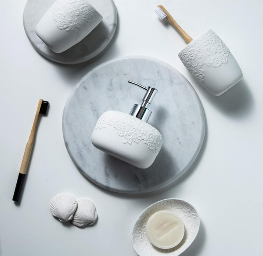 Ceramic Dispenser Soap Dish Cup Bathroom Accessories Set with Embossed Design