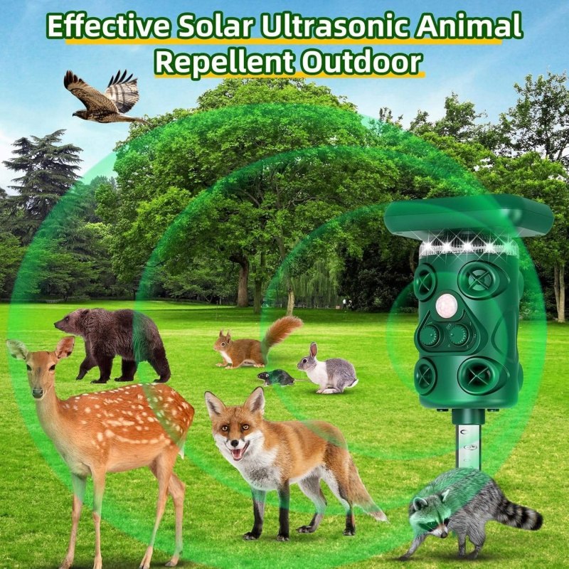Outdoor Wildlife Control Device Motion Sensor Flash Waterproof Solar Powered ABS Material Ultrasonic Pest Repellent