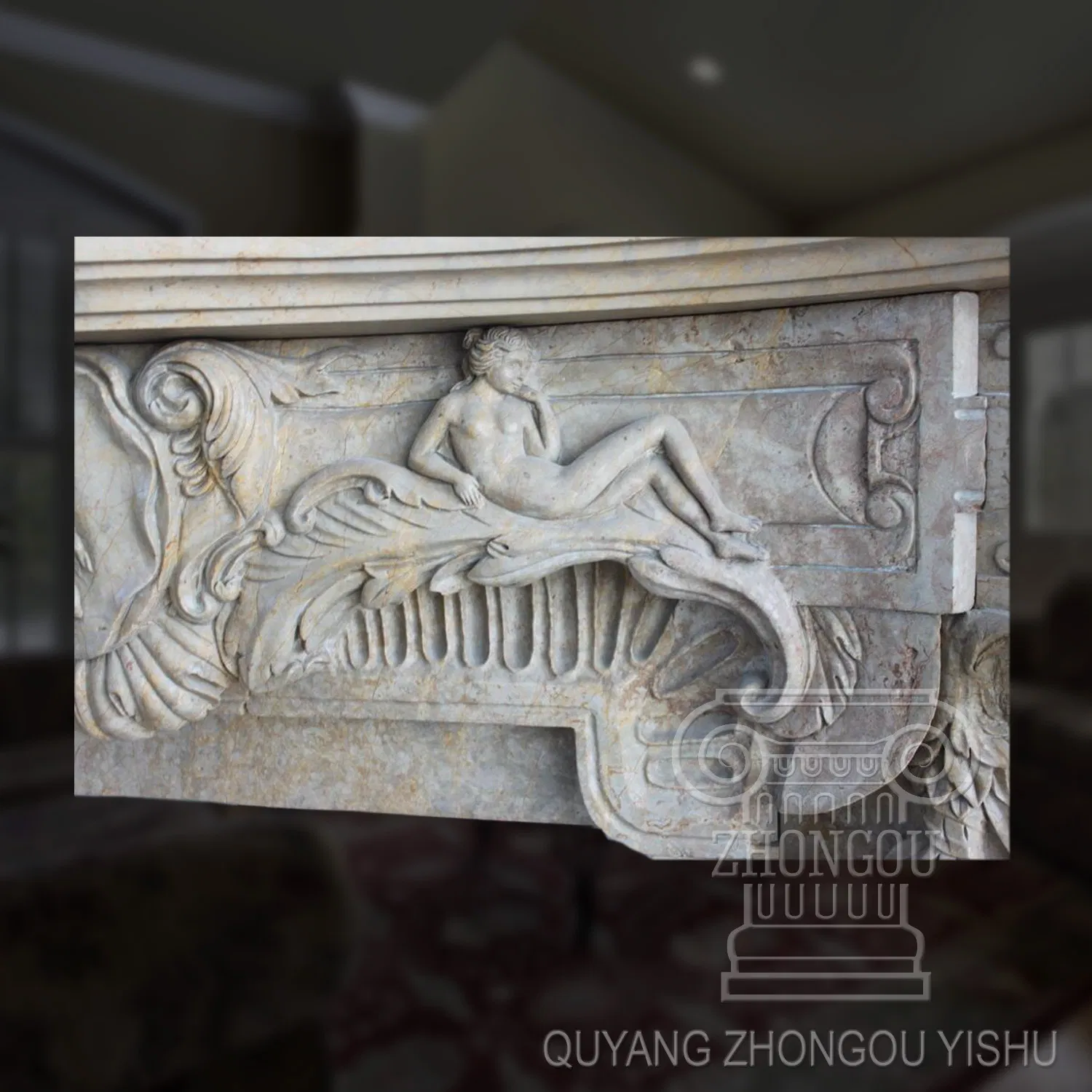Great Figure Pattern Yellow Marble Fireplace Sculpture