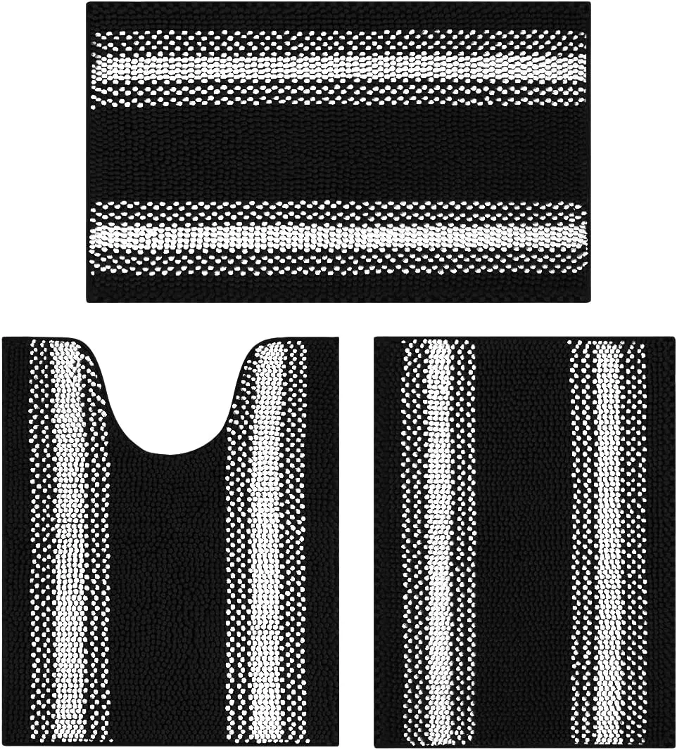Striped Bathroom Rugs and Mats, Chenille Bathroom Rug Set Non Slip, Soft Shaggy Bath Mats