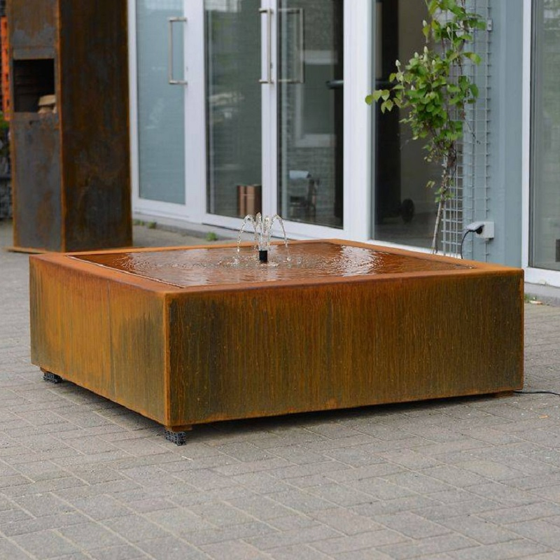 Outdoor Water Fountain Corten Steel Square Water Table with LED Lights