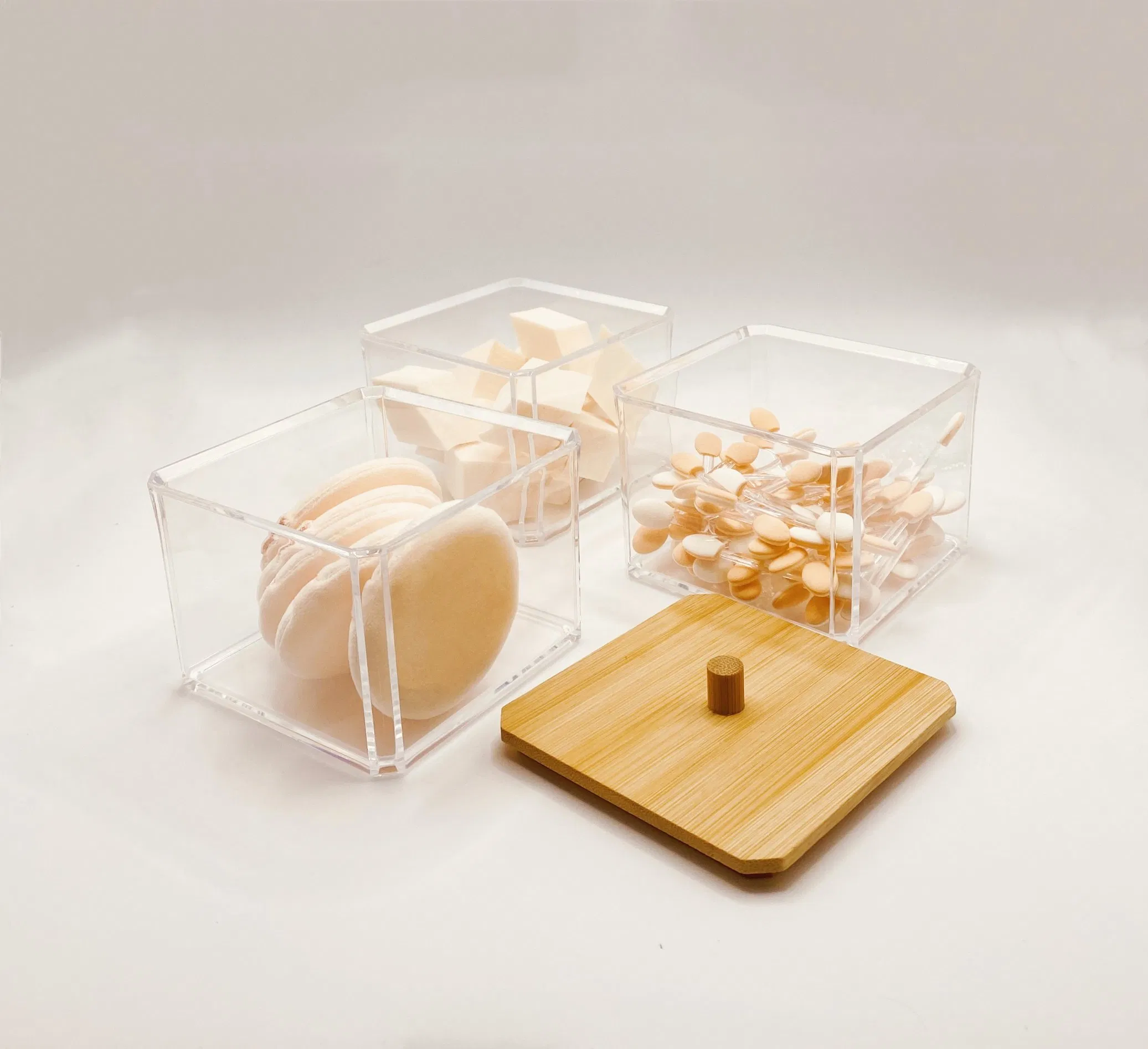 Cosmetic Powder Puffs Collection Storage Set 3 Stackable Box with Bamboo Lid