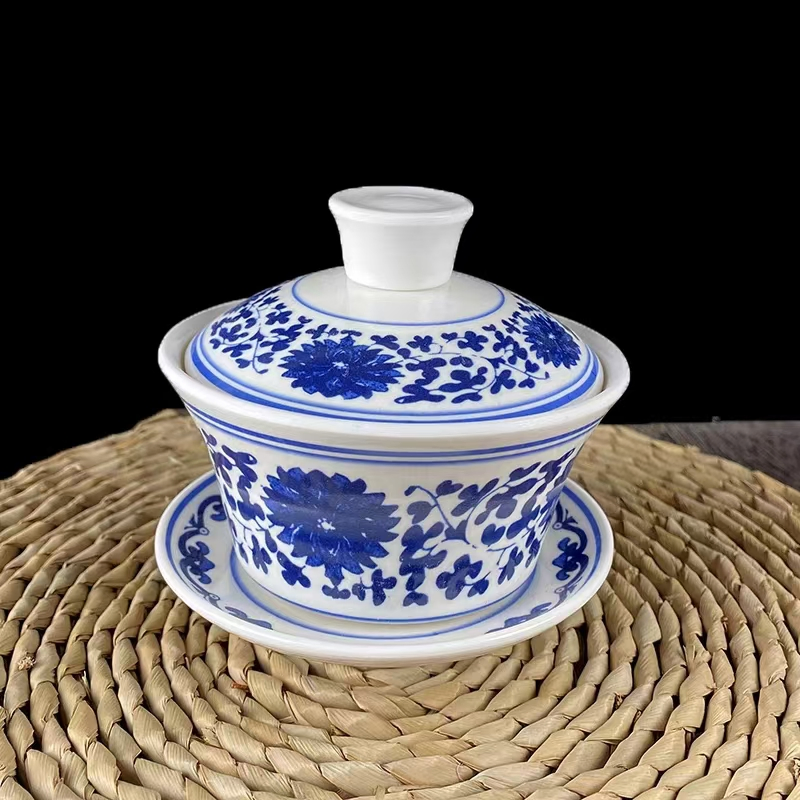 Blue and White Covered Porcelain Ceramic Three Talents Single Bowl Tea Cup