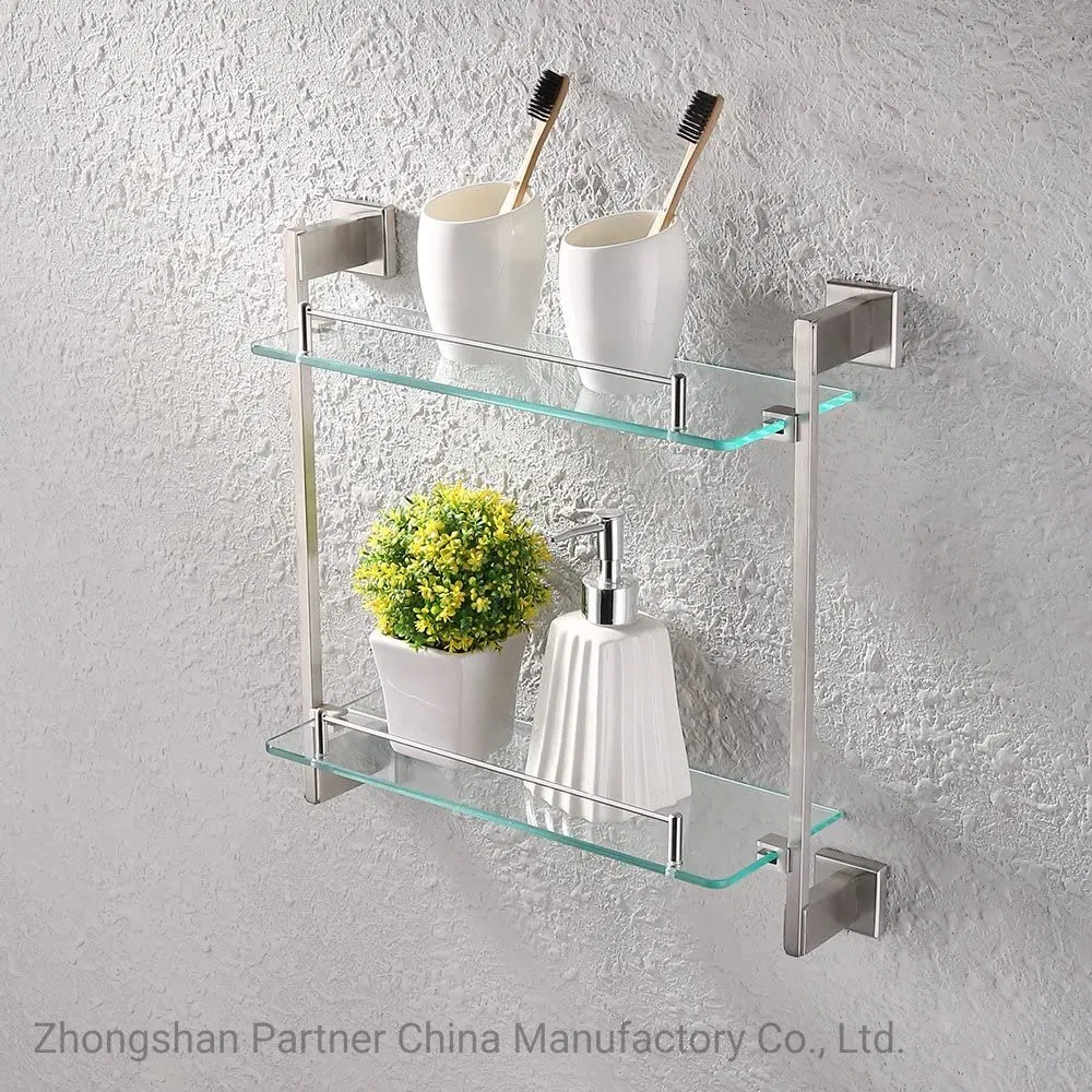 Stainless Steel Diamond-Shaped Double Layer Glass Shelf for Bathroom