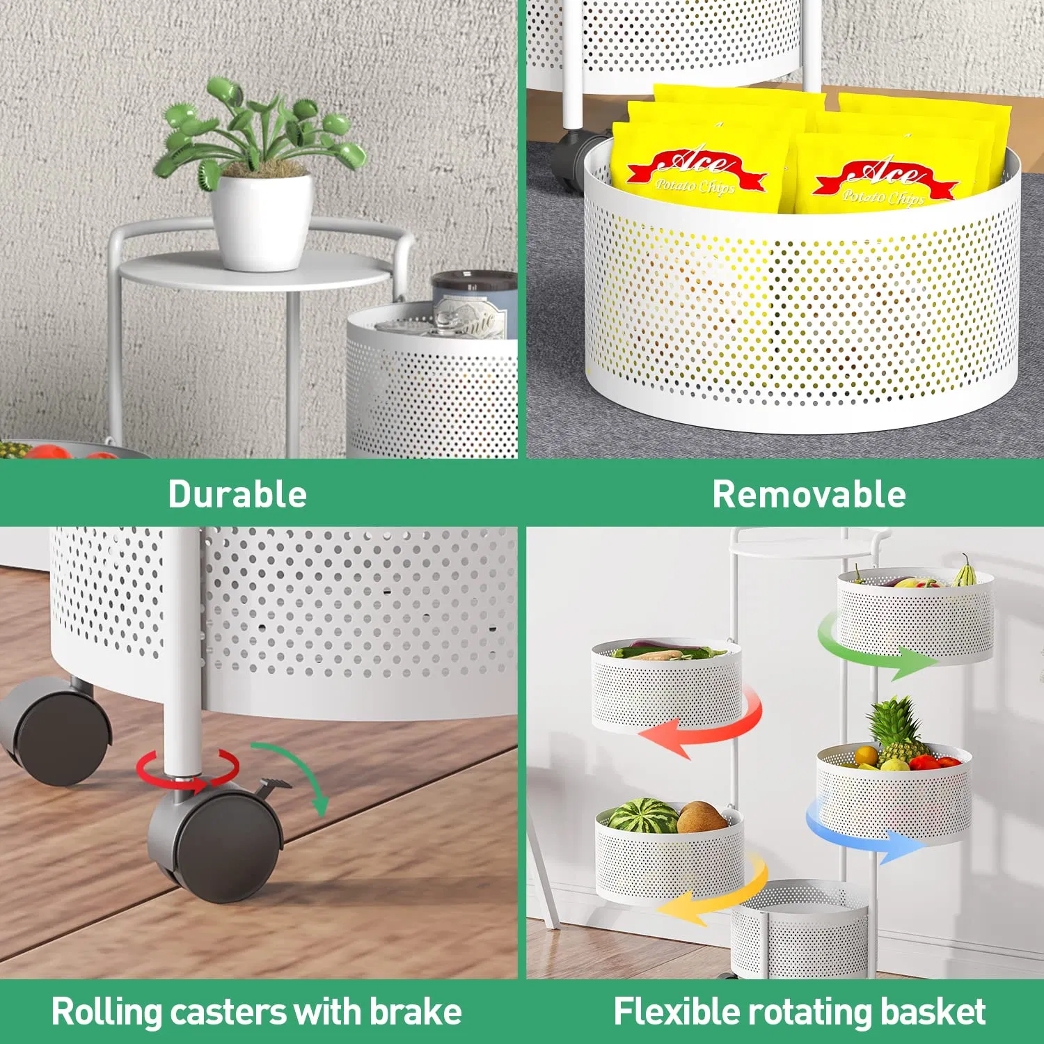 5-Tier White Rotating Storage Rack for Kitchen and Bathroom Organization