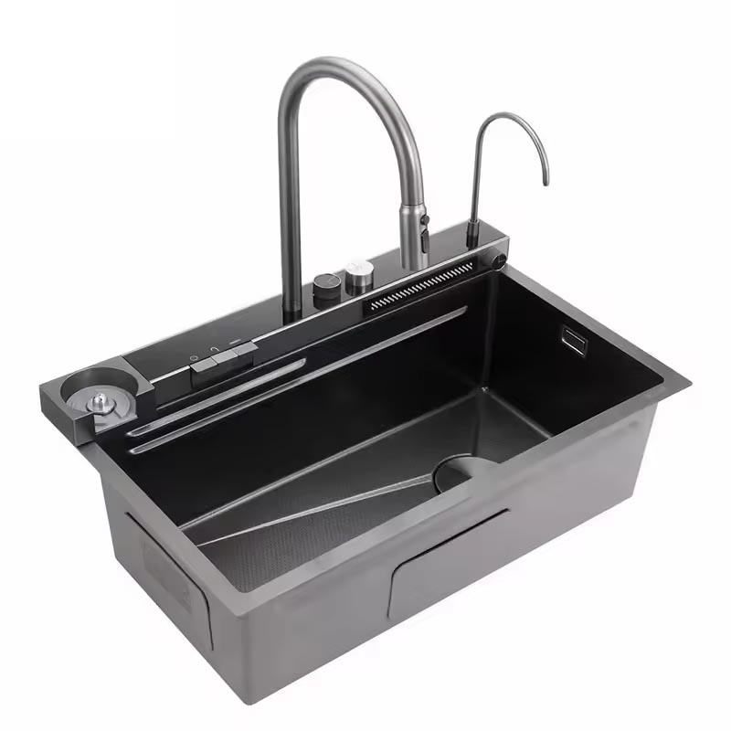 Smart Pull out Anti Scratch Waterfall Faucet Multifunctional Sink Stainless Steel Handmade Single Bowl Kitchen Sink Nano Black