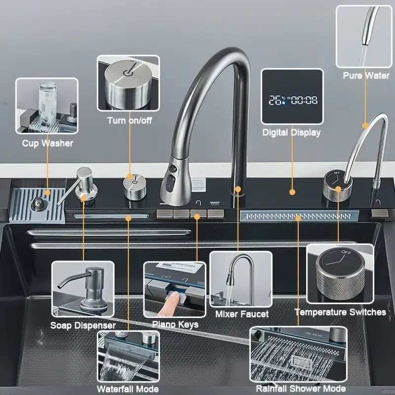 Wash-Basin Waterfall-Faucet Stainless Steel PVD Nano Multifunctional Smart Kitchen Sink with Accessory