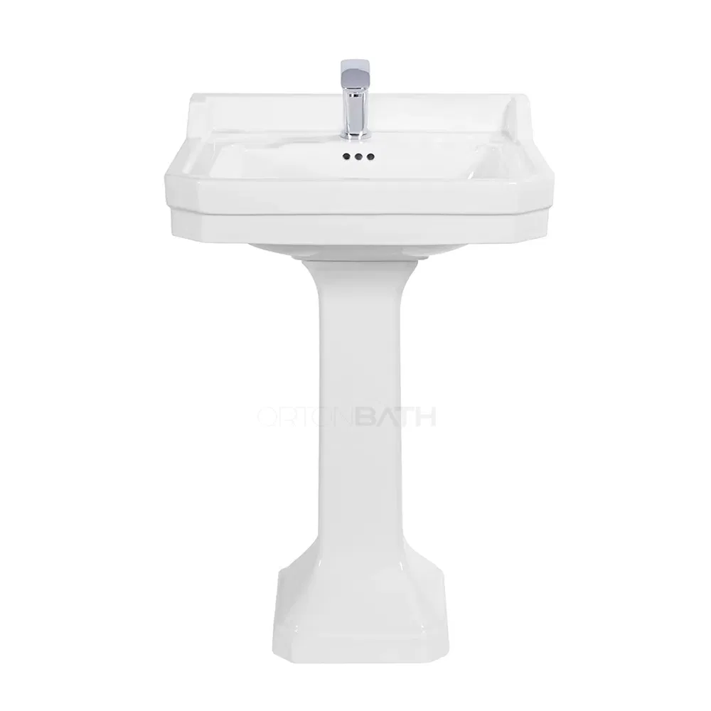 Ortonbath Floor Standing Pedestal Lavatory White Ceramic Predrilled Tap Hole Pedestal Basin Rectangle Ceramic Wash Basin Pedestal Sink