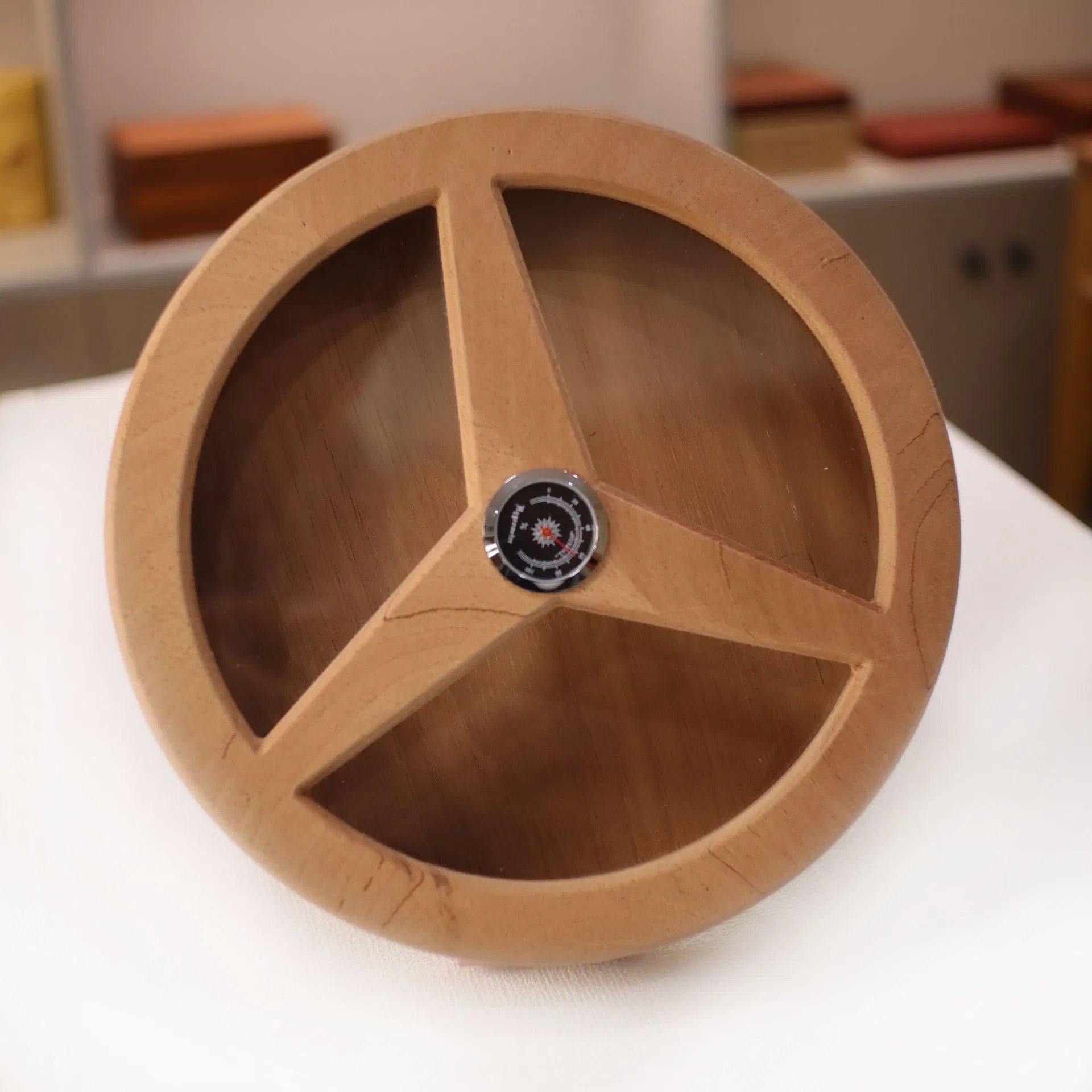 Natural Beech Wood Round Household Cigar Humidor with Glass Window