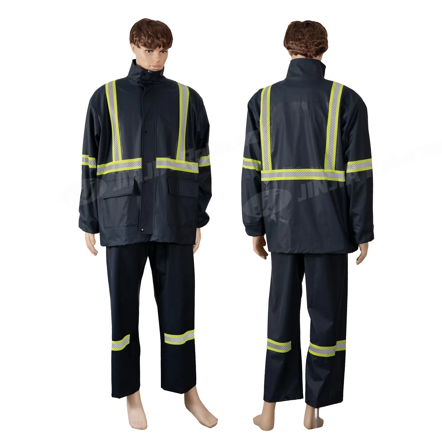 Premium Waterproof Safety Work Reflective Rain Coat Semi PU Rainsuit for Men