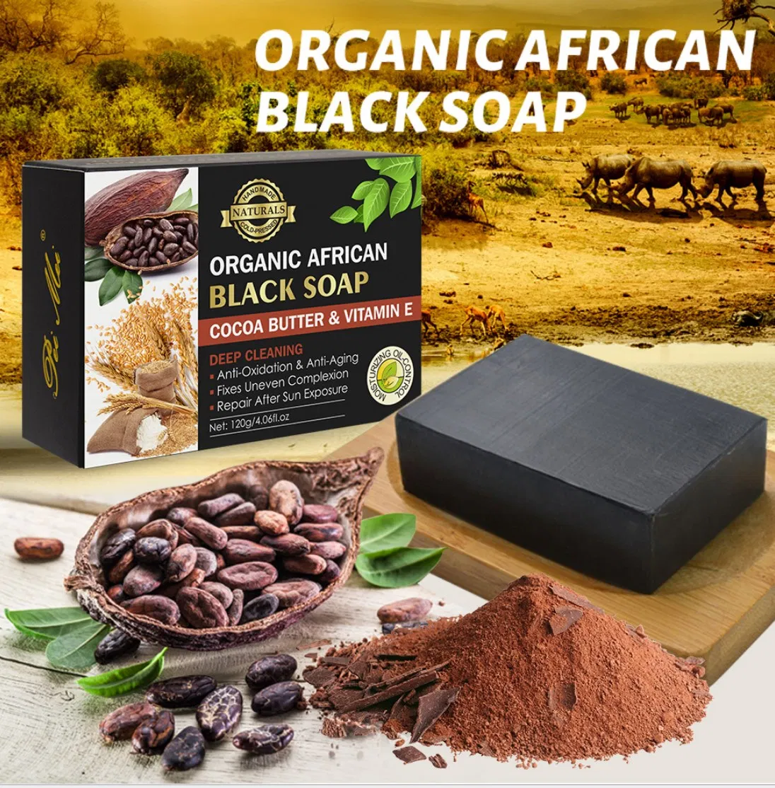 Private Label Organic Handmade Facial Cleanser African Black Soap Bar with Cocoa Butter and Vitamin E