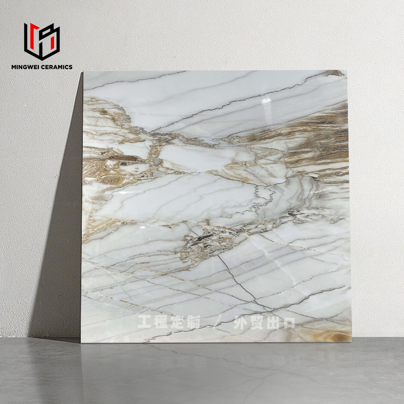 Modern Design Glossy Rock Stone Dark Grey and Brown Marble Look Golden Line Porcelain Tile