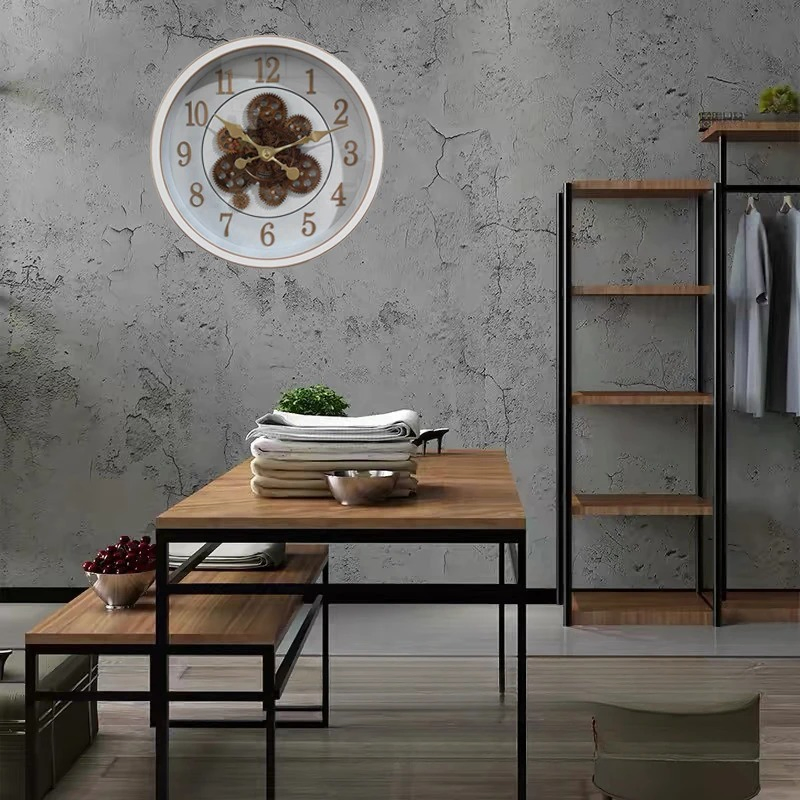 Plastic Round Wall Clock with Vintage Gears Unique Mechanical Design