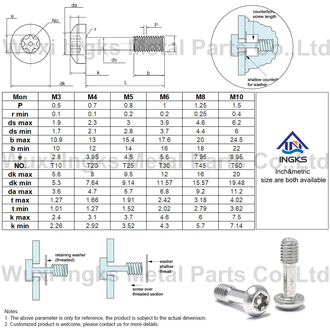 18-8 Stainless Steel 304 316 M3 M4 M5 Torx Pin Groove Button Head Captive Screw