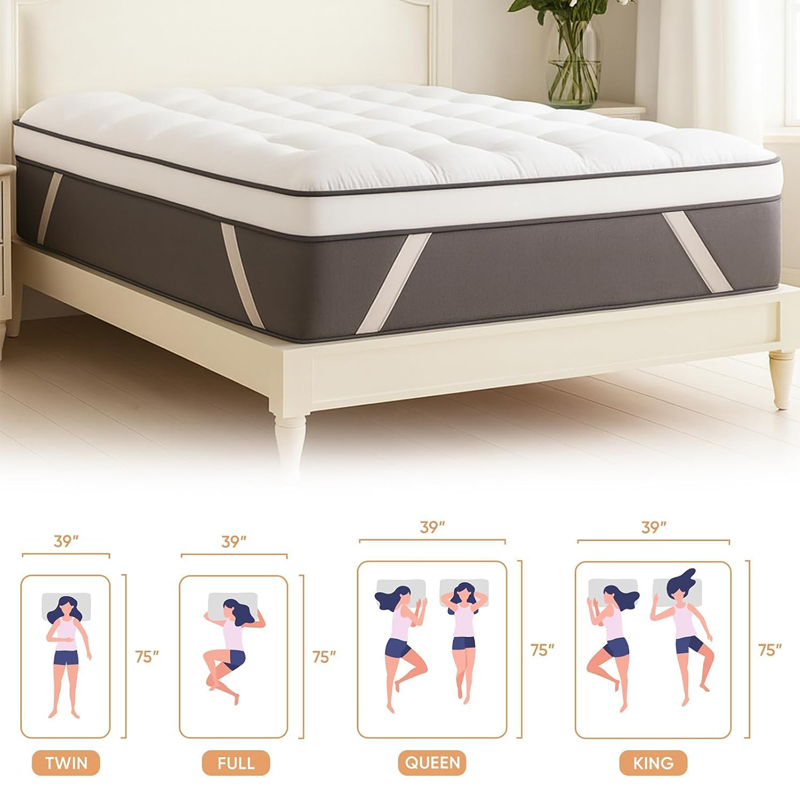Memory Foam Mattress Topper Queen Extra Thick Shredded Foam 100% Cotton Mattress Pad Cover