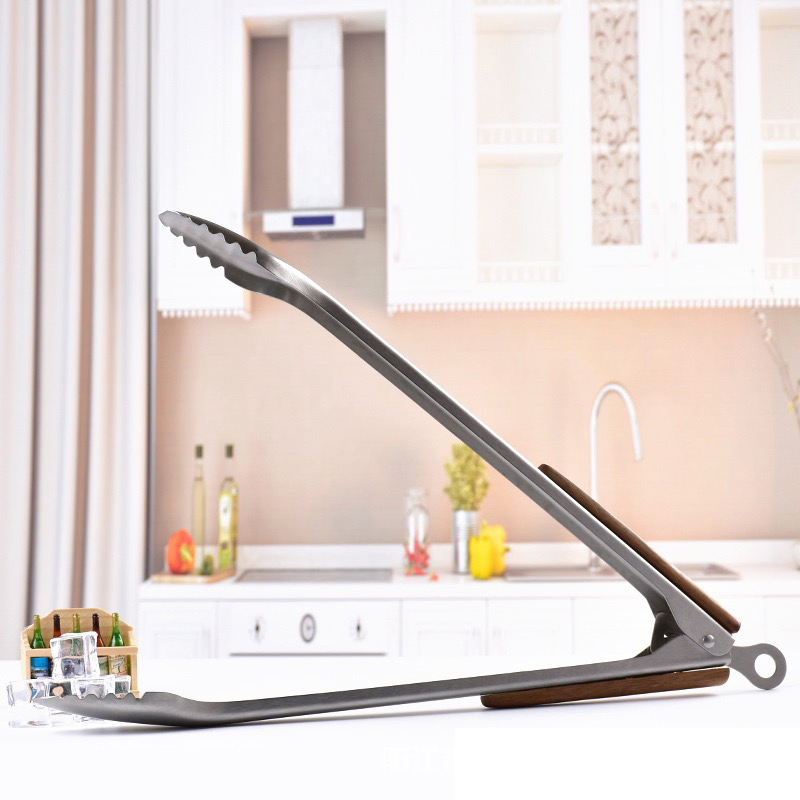 High Quality Food Grade Kitchen Cooking Tongs Stainless Steel Kitchen Food Tongs with Wood Handle