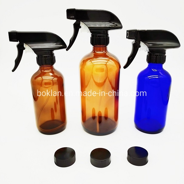 8oz 16oz 32oz / Amber Round Glass Spray Bottle with Top Black Spray Pump Essential Oil Glass Bottle