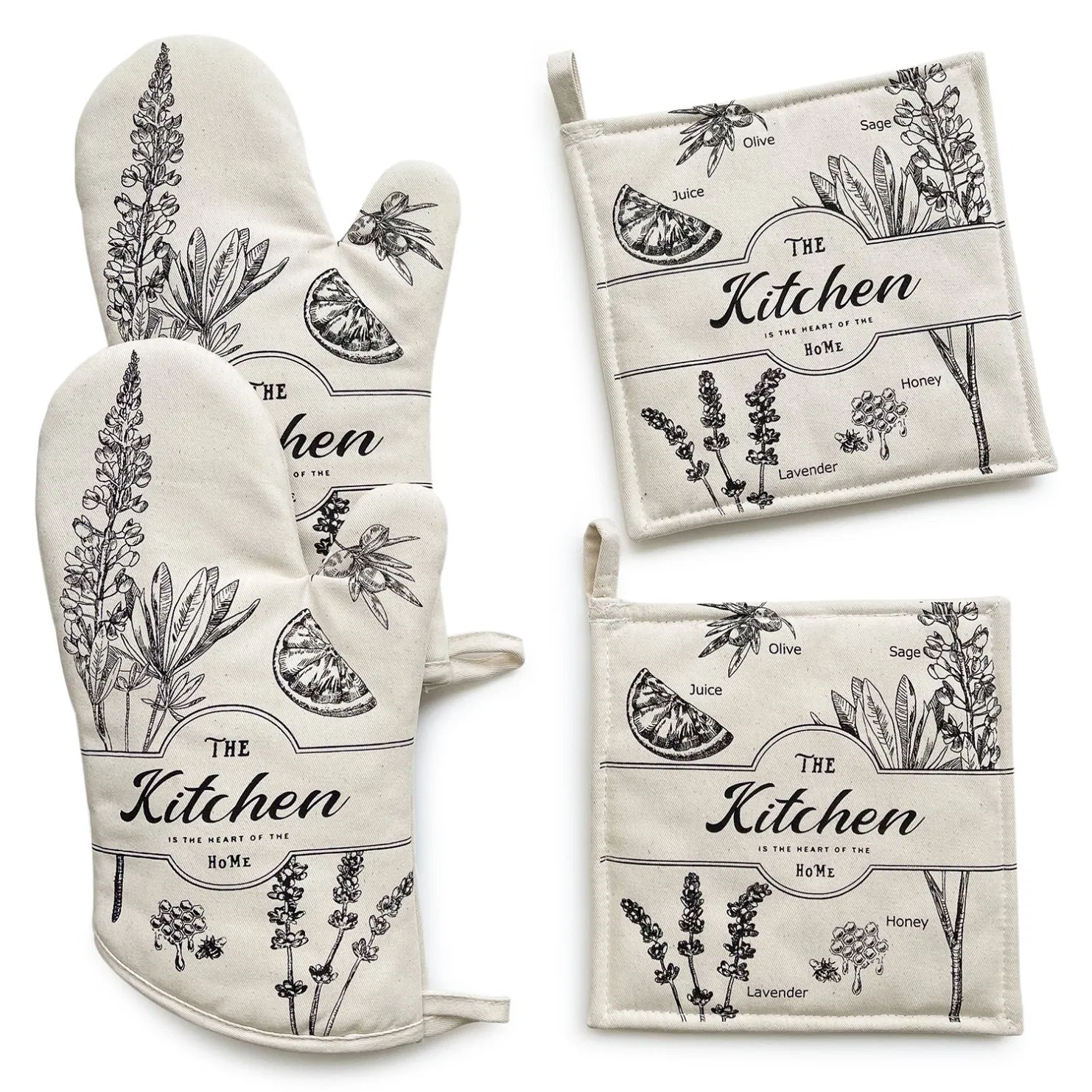 OEM/ODM 6PCS Set 32s Cotton Custom Printed Oven Mitts and Pot Holders Sets for Casual/House Warming Party/Wedding Gifts