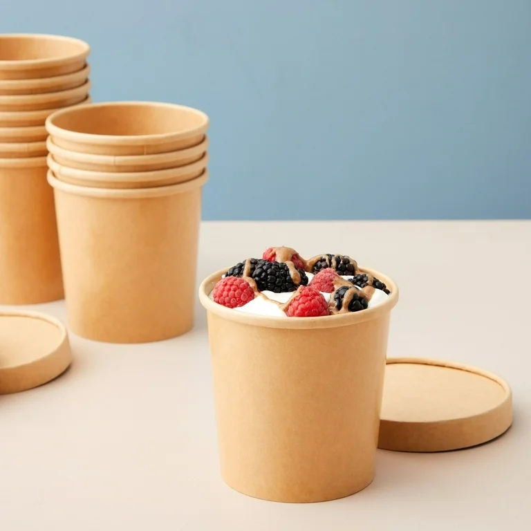 Kraft Paper Ice Cream Bowl with Plastic Lid for Takeaway Ice Cream