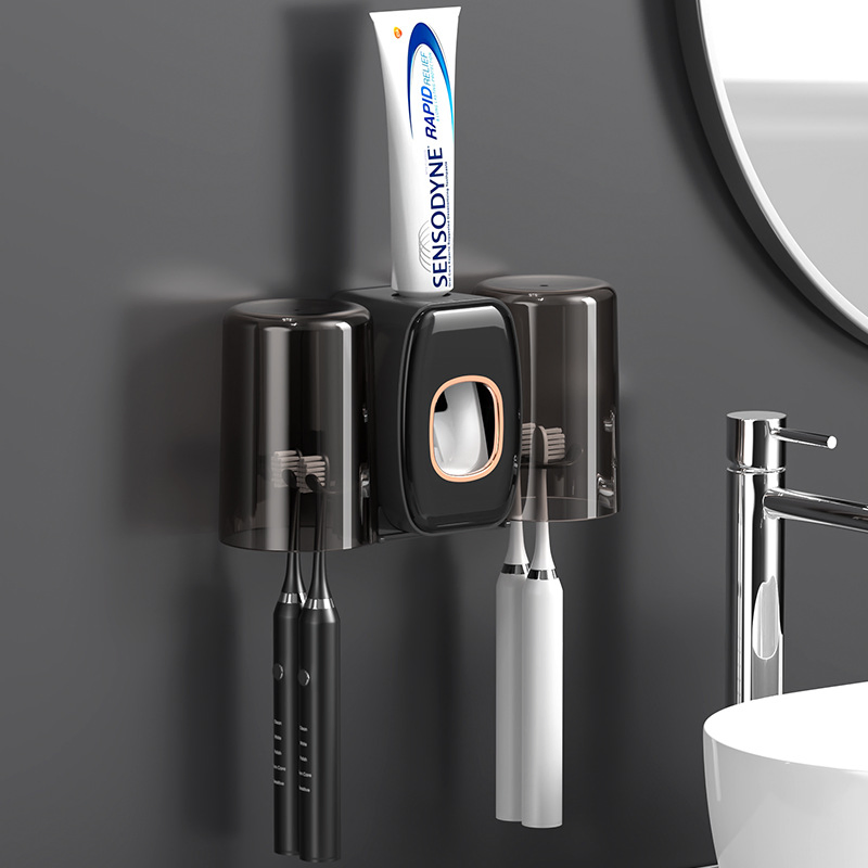 Bathroom Wall-Mounted Punch-Free Couple Toothbrush Holder Storage Rack with Automatic Toothpaste Squeezer