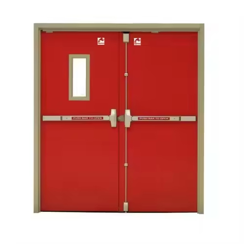 1-3 Hour Fire Rated Interior Steel Doors for Hotels Push and Pull Fire Exit with Lock Glass Finished Surface for Supermarkets