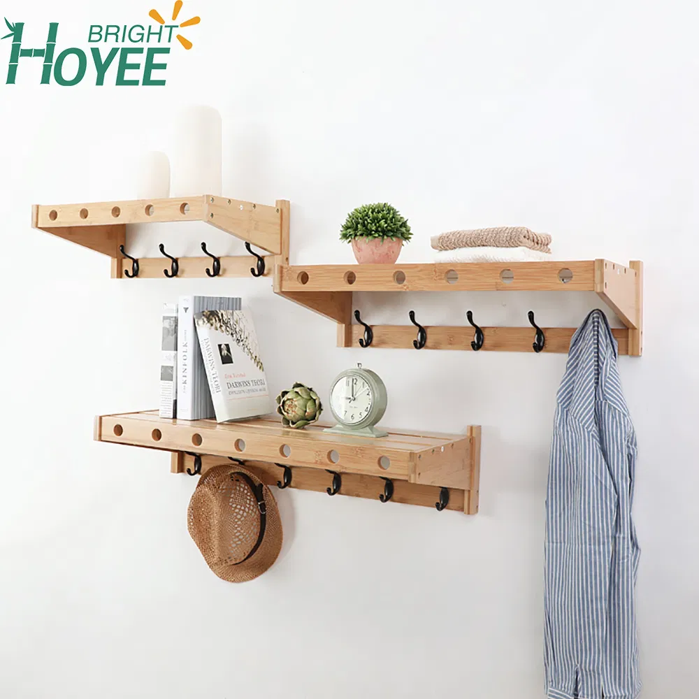 Bamboo Wooden Wall Mounted Clothes Hooks Rack with Book Wall Shelf Combo